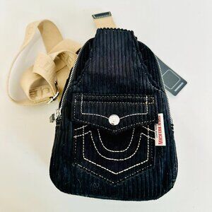 TRUE RELIGION CORDUROY SOFT SLING BACKPACK BAG BLACK WITH CONTRAST TRIM UNISEX